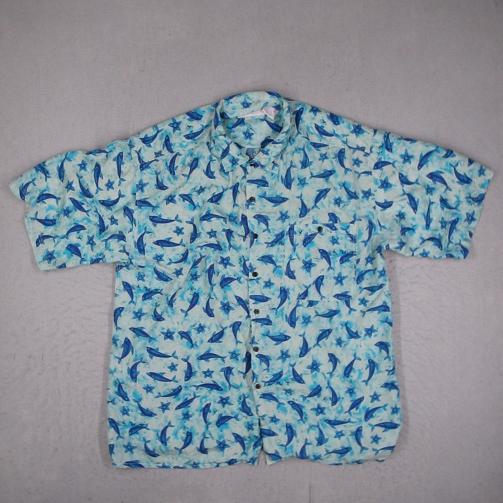Vintage Montage Tropics Mens XL Blue Fish Starfish Silk Short Sleeve Shirt